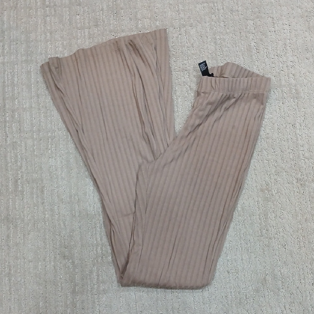 Beige Ribbed Wide-Leg Pants